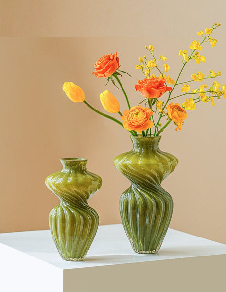 Handmade Contemporary Glass Vases, Modern Green Vases for Living Room, Mid Century Vases for Flowers, Unique Decorative Glass Vase, Centerpiece Vases on Table-ArtWorkCrafts.com