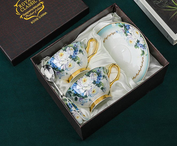 Elegant British Ceramic Coffee Cups, Unique Tea Cup and Saucer in Gift Box, Royal Bone China Porcelain Tea Cup Set, Rose Flower Pattern Ceramic Cups-ArtWorkCrafts.com