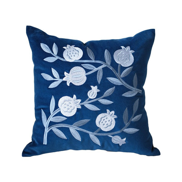 Blue Embroidered Pomegranate Cushion, Large Decorative Pillows for Couch, Living Room Decorative Pillows, Modern Throw Pillows for Bedroom, Decorative Pillow Arrangement Ideas for Couch-ArtWorkCrafts.com