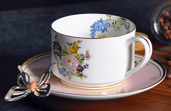 Beautiful Flower British Tea Cups, Creative Bone China Porcelain Tea Cup Set, Elegant Flower Ceramic Cups, Unique Royal Coffee Cup and Saucer-ArtWorkCrafts.com