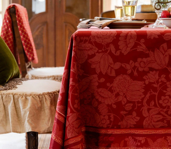 Christmas Table Cloth, Wedding Tablecloth, Red Flower Pattern Tablecloth for Home Decoration, Rectangle Tablecloth for Dining Room Table, Square Tablecloth-ArtWorkCrafts.com