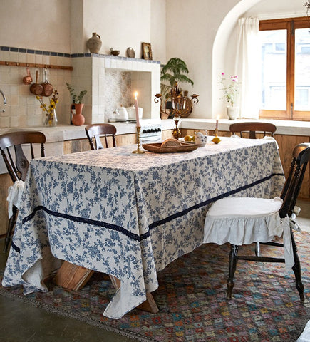 Extra Large Vintage Rectangle Tablecloth for Dining Room Table, Rustic Farmhouse Table Cover for Kitchen, French Flower Pattern Tablecloth for Round Table-ArtWorkCrafts.com