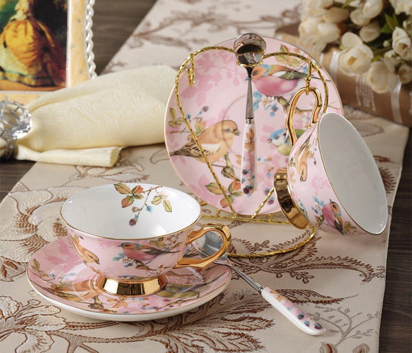 Elegant Ceramic Coffee Cups, 7.4 oz British Tea Cups, Bird Porcelain Tea Cup Saucer Set, Tea Cup and Saucer in Gift Box as Birthday Gift-ArtWorkCrafts.com