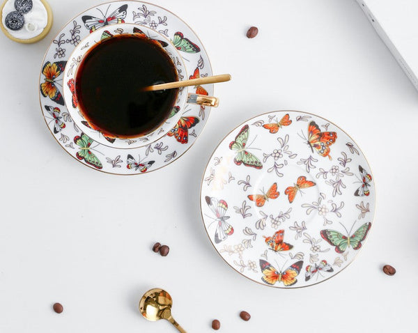 Unique Butterfly Coffee Cups and Saucers, Creative Butterfly Ceramic Coffee Cups, Beautiful British Tea Cups, Creative Bone China Porcelain Tea Cup Set-ArtWorkCrafts.com