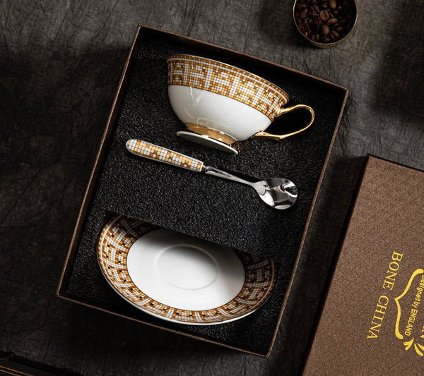 Handmade Elegant British Ceramic Coffee Cups, 6.8 oz Tea Cup and Saucer in Gift Box, Porcelain Tea Cup Set for Office, Yellow Ceramic Cups-ArtWorkCrafts.com