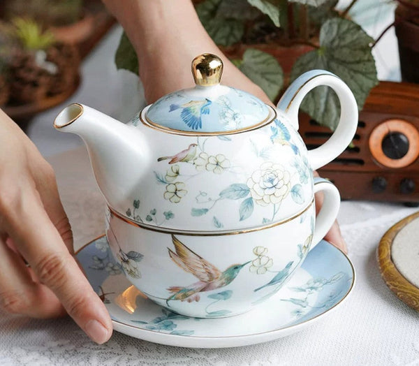 Stackable Teapot and Cup Set, Ceramic Tea Pot with Integrated Cup, Porcelain Teapot with Matching Cup and Saucer in Gift Box, Mother-and-Baby Teapot with Matching Saucer-ArtWorkCrafts.com