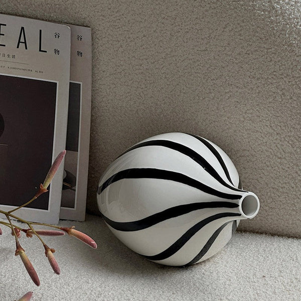 Water Holding Flower Vases, Black and White Striped Ceramic Vase, Porcelain Flower Vases, Modern Flower Vases on Table-ArtWorkCrafts.com