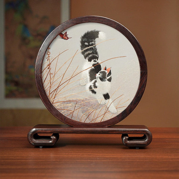 Unique Birthday Gift, Traditional Chinese Suzhou Kitten Embroidery Ornament, Lovely Kitty Cat Embroidered Decor, Premium Souvenir, Exclusive Business Present-ArtWorkCrafts.com
