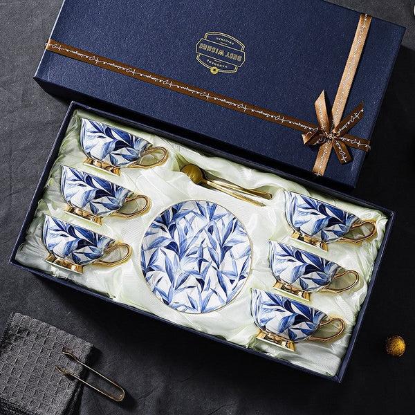 Unique British Tea Cup and Saucer in Gift Box, Blue Porcelain Tea Cup Saucer Set, 7.4 oz British Ceramic Coffee Cups-ArtWorkCrafts.com
