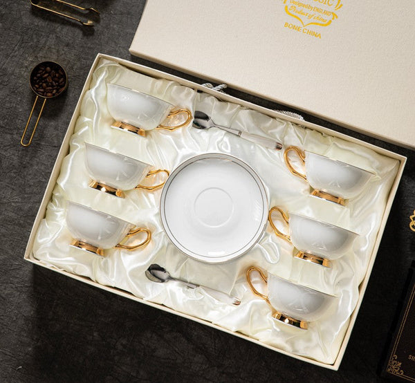 White Ceramic Cups, Elegant British Ceramic Coffee Cups, 7.8 oz Porcelain Tea Cup Saucer Set, Unique Tea Cup and Saucer in Gift Box-ArtWorkCrafts.com