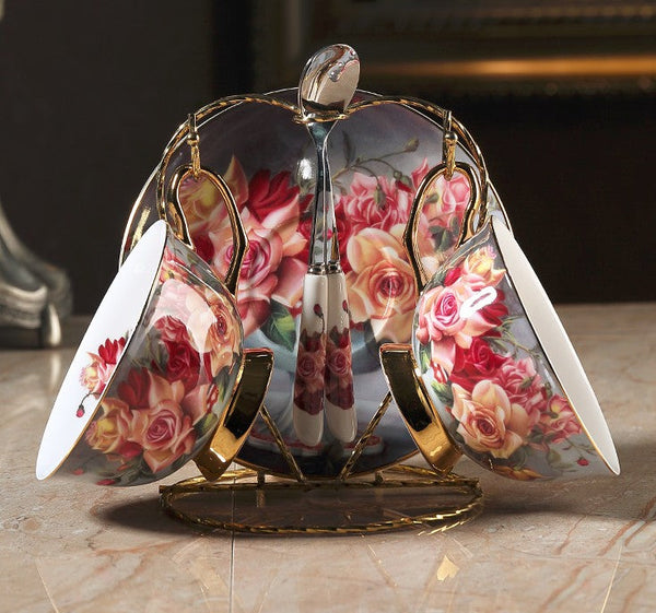 Ceramic Tea Cups and Saucers in Gift Box, Rose Flower Royal Bone China Porcelain Tea Cup Set, Elegant Ceramic Coffee Cups, Beautiful British Tea Cups-ArtWorkCrafts.com