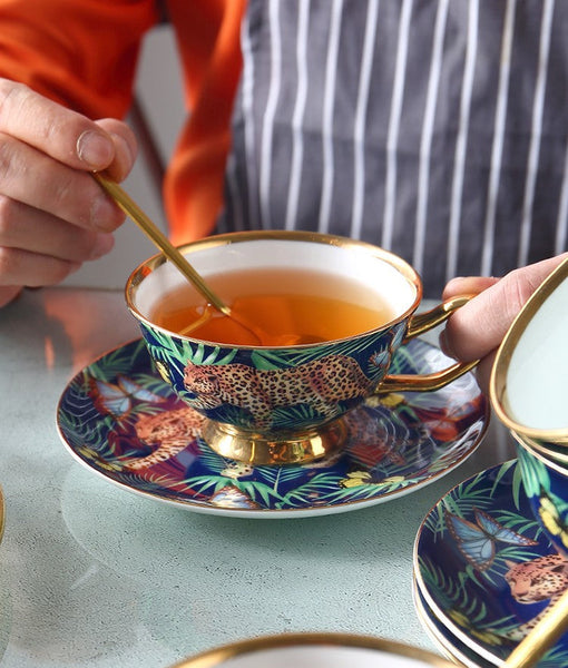Creative Leopard Ceramic Coffee Cups, Unique Tea Cups and Saucers in Gift Box as Birthday Gift, Beautiful British Tea Cups, Creative Bone China Porcelain Tea Cup Set-ArtWorkCrafts.com