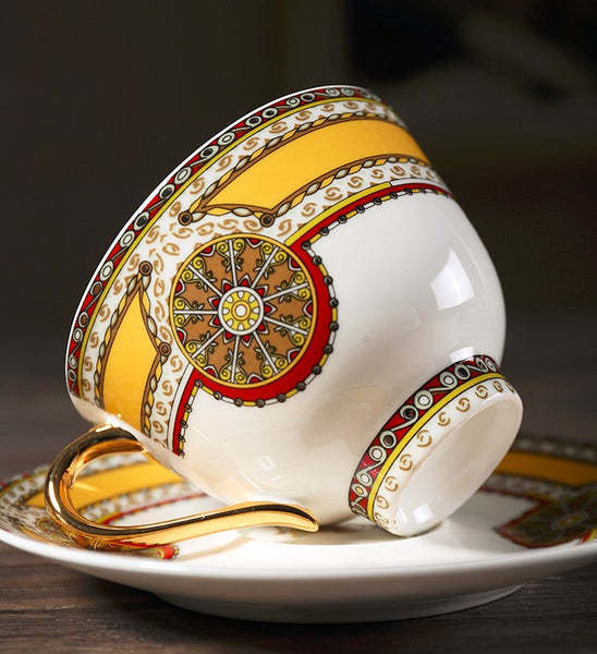 Handmade Beautiful British Tea Cups, Creative Bone China Porcelain Tea Cup Set, Yellow Royal Ceramic Coffee Cups, Unique Tea Cups and Saucers-ArtWorkCrafts.com