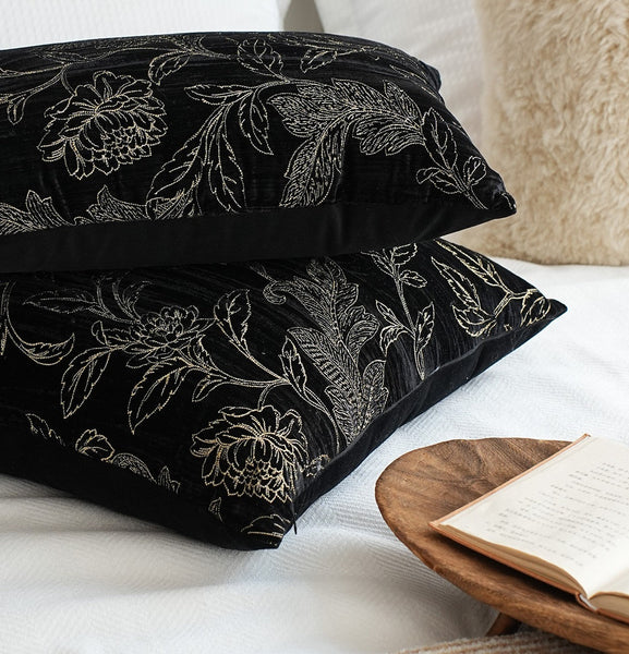 Contemporary Modern Sofa Pillows, Black Embroidery Flower Pattern Pillows for Couch, Decorative Throw Pillows for Bedroom, Large Modern Sofa Pillow for Dining Room
