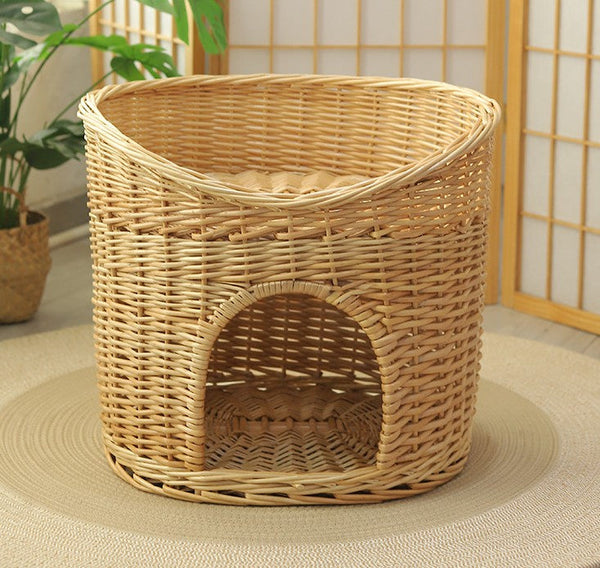 Washable Wicker Cat Bed, Wicker Cat House with Washable Cushion for Indoor Cats and Dogs-ArtWorkCrafts.com