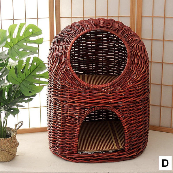 Large Double-Layer Cat Bed, Wicker Cat House Basket with Washable Cushion for Indoor Cats and Dogs-ArtWorkCrafts.com