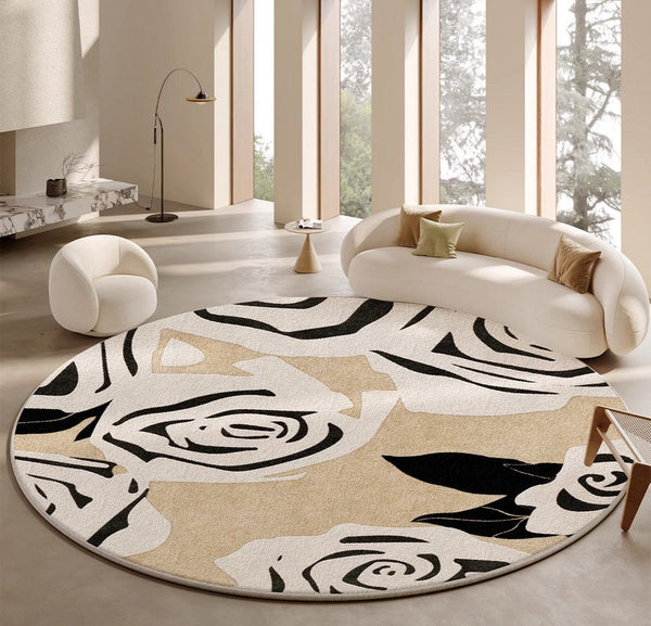 Abstract Contemporary Rugs for Bedroom, Modern Round Rugs under Coffee Table, Circular Rugs for Dining Table, Modern Cream Color Rugs for Living Room-ArtWorkCrafts.com