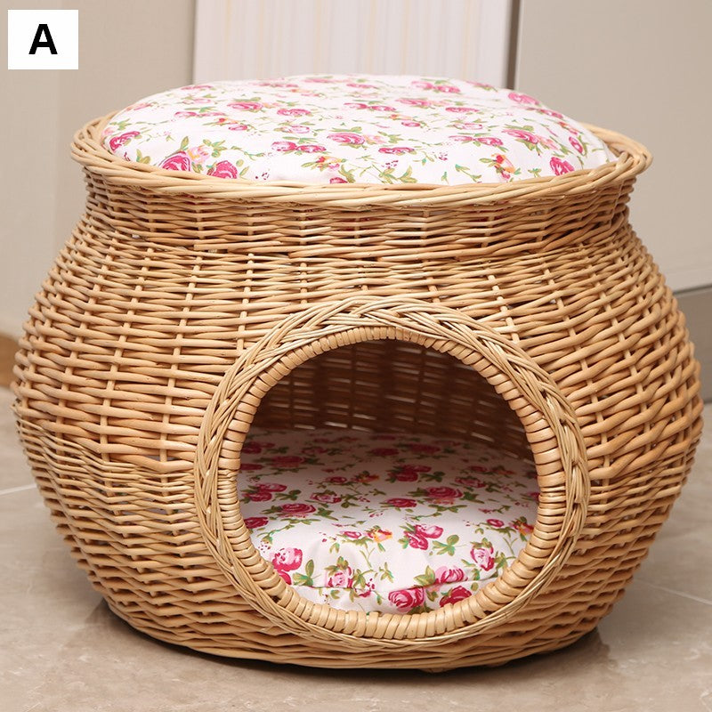 Rattan Cat Bed, Wicker Cat House Basket with Washable Cushion for Indoor Cats and Dogs-ArtWorkCrafts.com