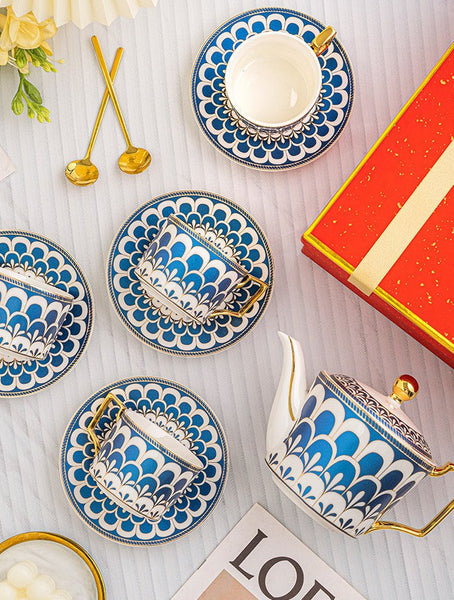 Porcelain Tea Cup and Saucer Set of 4 cups, Blue Tea Cup and Saucer Set with Teapot in Gift Box, 7.4 oz Modern Ceramic Coffee Cups for Office-ArtWorkCrafts.com