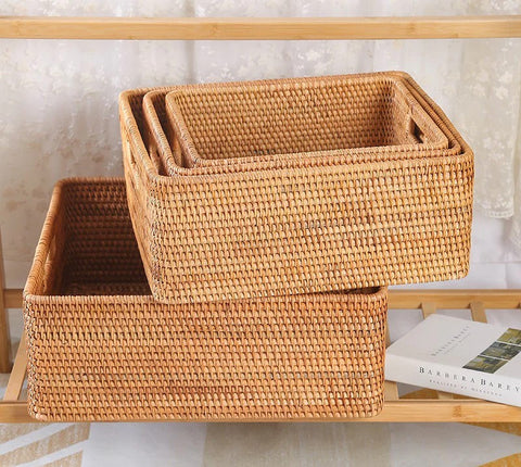 Woven Rattan Storage Baskets for Bedroom, Storage Basket for Shelves, Large Rectangular Storage Baskets for Clothes, Storage Baskets for Kitchen-ArtWorkCrafts.com