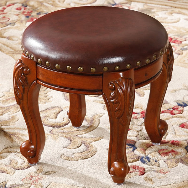 Solid Wood Ottoman, Rubberwood Entry Bench, Vanity Stool, Genuine Leather Solid Wood Entry Bench, Vintage Round Stool-ArtWorkCrafts.com