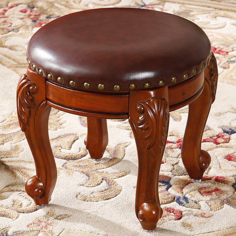 Solid Wood Ottoman, Rubberwood Entry Bench, Vanity Stool, Genuine Leather Solid Wood Entry Bench, Vintage Round Stool-ArtWorkCrafts.com
