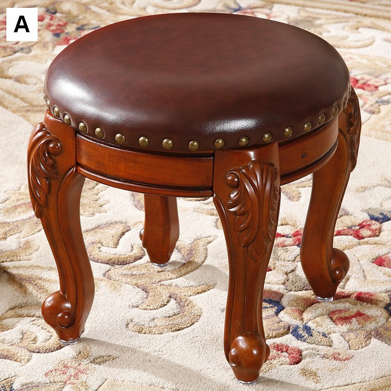 Solid Wood Ottoman, Rubberwood Entry Bench, Vanity Stool, Genuine Leather Solid Wood Entry Bench, Vintage Round Stool-ArtWorkCrafts.com
