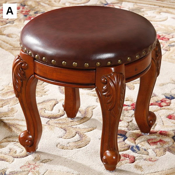 Solid Wood Ottoman, Rubberwood Entry Bench, Vanity Stool, Genuine Leather Solid Wood Entry Bench, Vintage Round Stool-ArtWorkCrafts.com