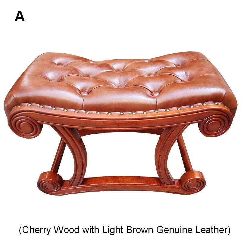 Vintage Leather Stool, Genuine Leather Solid Wood Entry Bench, Cherry Wood Footstool, Long Bench, Vanity Stool, Dressing Table Stool-ArtWorkCrafts.com