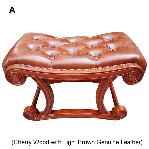 Vintage Leather Stool, Genuine Leather Solid Wood Entry Bench, Cherry Wood Footstool, Long Bench, Vanity Stool, Dressing Table Stool-ArtWorkCrafts.com
