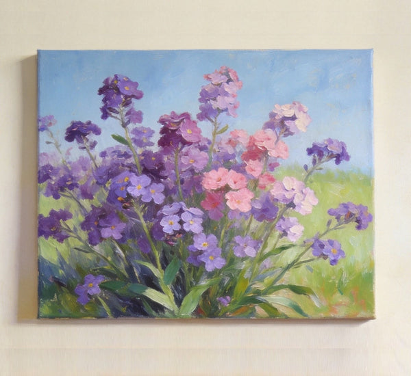 Original Small Canvas Artwork, Purple and Pink Forget-me-nots Blooming Wild, Buy Small Artwork Online, Still Life Painting, Original Flower Paintings, Hand Painted Canvas Art-ArtWorkCrafts.com
