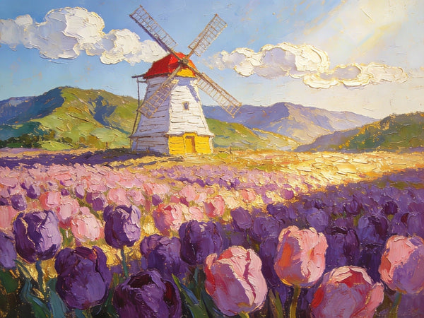 Landscape Oil Paintings, Windmills Among the Blooming Tulips, Small Oil Paintings on Wall, Original Artwork Small Wall Art, Hand Painted Canvas Art, Small Wall Paintings-ArtWorkCrafts.com