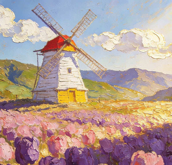 Landscape Oil Paintings, Windmills Among the Blooming Tulips, Small Oil Paintings on Wall, Original Artwork Small Wall Art, Hand Painted Canvas Art, Small Wall Paintings-ArtWorkCrafts.com