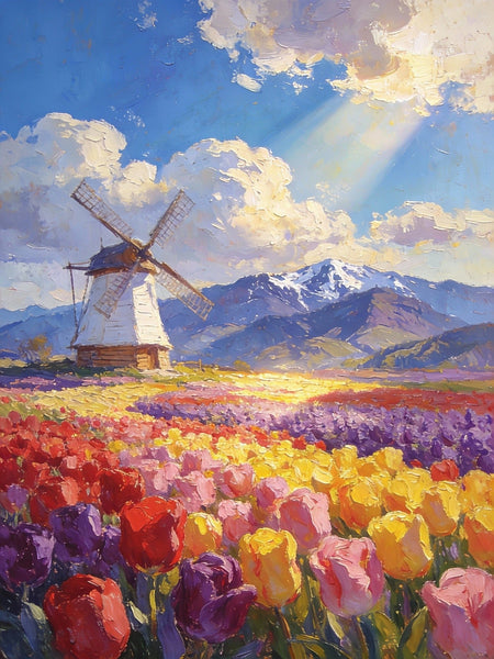 Sunlit Tulips, Windmill by the Hills, On Canvas Small Paintings, Hand Painted Canvas Art, Original Artwork Small Paintings on Wall, Landscape Oil Paintings-ArtWorkCrafts.com
