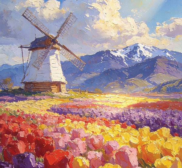 Sunlit Tulips, Windmill by the Hills, On Canvas Small Paintings, Hand Painted Canvas Art, Original Artwork Small Paintings on Wall, Landscape Oil Paintings-ArtWorkCrafts.com