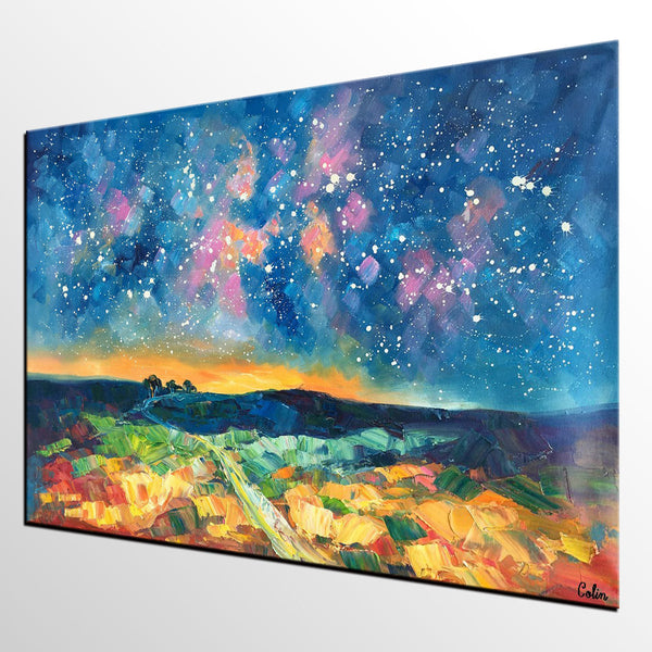 Starry Night Landscape Painting, Large Canvas Art Painting, Custom Large Oil Painting-ArtWorkCrafts.com