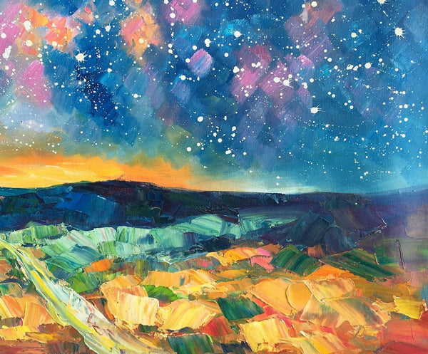 Starry Night Landscape Painting, Large Canvas Art Painting, Custom Large Oil Painting-ArtWorkCrafts.com