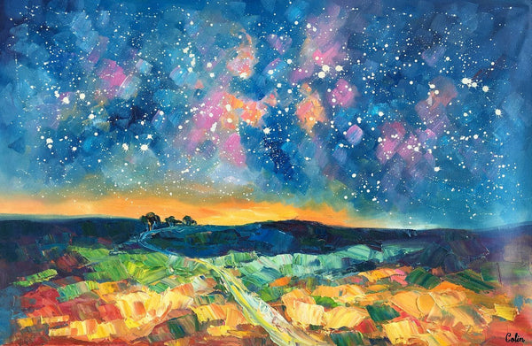 Starry Night Landscape Painting, Large Canvas Art Painting, Custom Large Oil Painting-ArtWorkCrafts.com