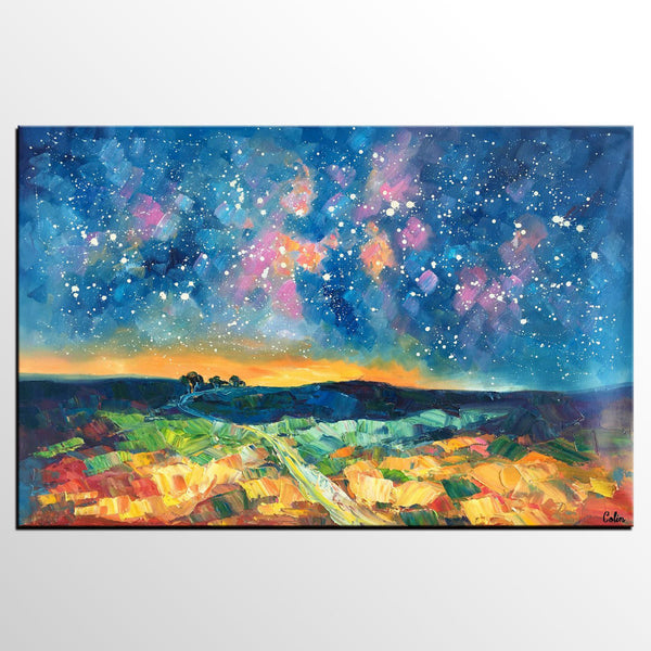 Starry Night Landscape Painting, Large Canvas Art Painting, Custom Large Oil Painting