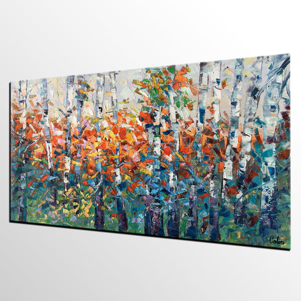Birch Tree Painting, Impasto Art, Large Canvas Art, Bedroom Canvas Painting, Custom Extra Large Painting