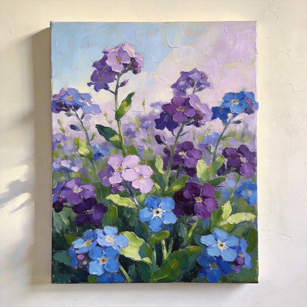 Original Flower Paintings, Hand Painted Canvas Art, Wild Purple Blue Forget-me-nots in Bloom, Small Canvas Wall Art Paintings, Original Oil Paintings-ArtWorkCrafts.com