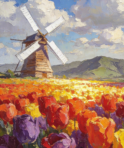 Heavy Texture Oil Paintings, On Canvas Small Paintings, Windmills Amidst a Sea of Blooming Tulips, Hand Painted Canvas Art, Original Small Paintings, Landscape Oil Paintings-ArtWorkCrafts.com