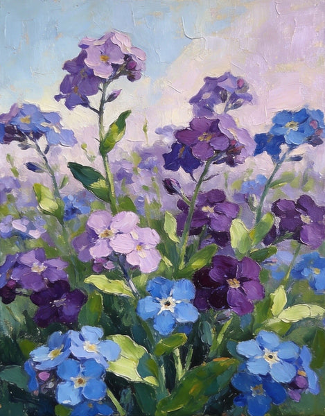Original Flower Paintings, Hand Painted Canvas Art, Wild Purple Blue Forget-me-nots in Bloom, Small Canvas Wall Art Paintings, Original Oil Paintings-ArtWorkCrafts.com
