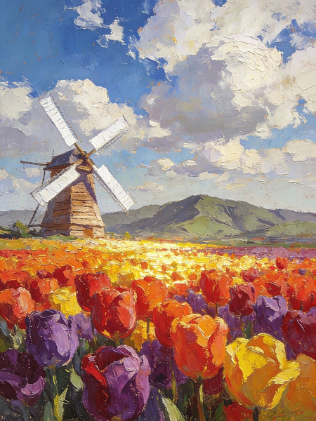 Heavy Texture Oil Paintings, On Canvas Small Paintings, Windmills Amidst a Sea of Blooming Tulips, Hand Painted Canvas Art, Original Small Paintings, Landscape Oil Paintings-ArtWorkCrafts.com