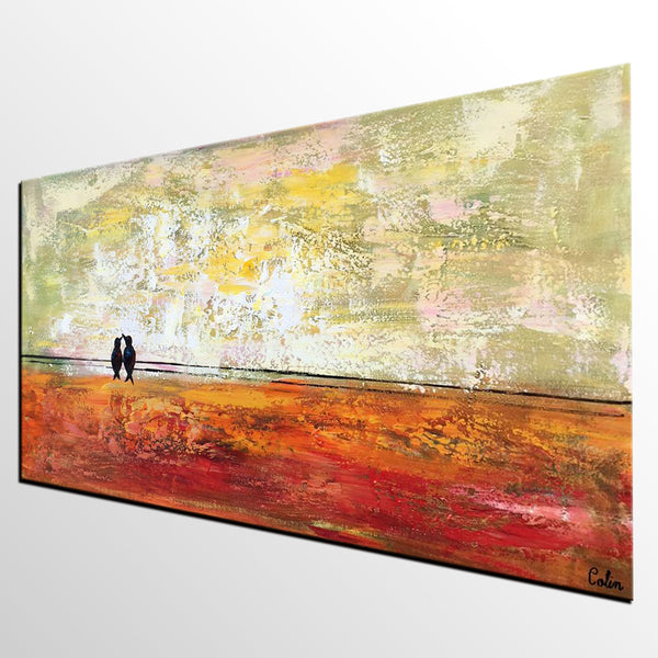 Bird at Wire Painting, Original Painting for Sale, Large Canvas Paintings, Simple Modern Painting, Love Birds Painting, Anniversary Gift-ArtWorkCrafts.com