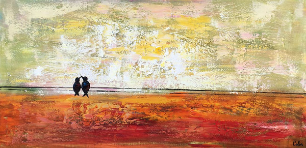 Bird at Wire Painting, Original Painting for Sale, Large Canvas Paintings, Simple Modern Painting, Love Birds Painting, Anniversary Gift-ArtWorkCrafts.com
