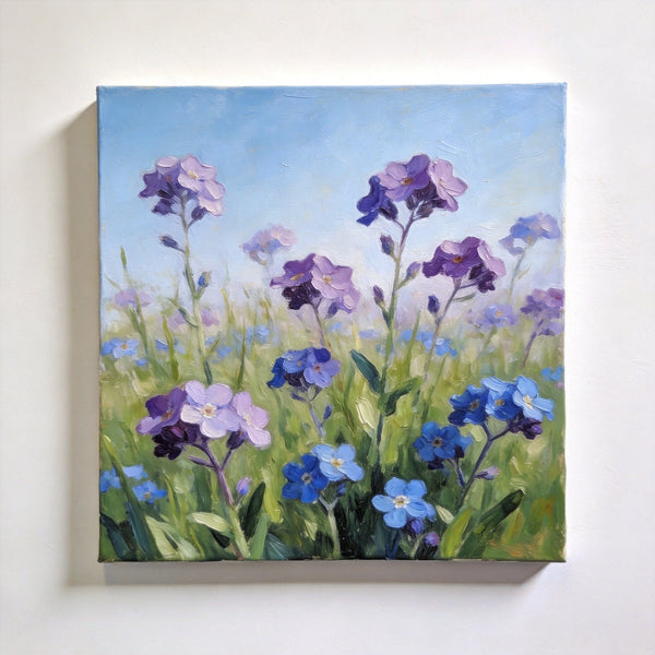Original Small Canvas Artwork, Purple and Blue Forget-me-nots Blooming Wild, Buy Small Artwork Online, Still Life Painting, Original Flower Paintings, Hand Painted Canvas Art-ArtWorkCrafts.com