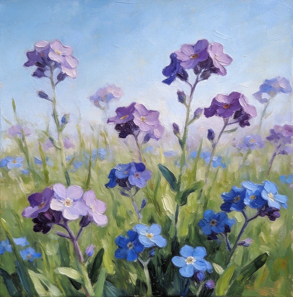 Original Small Canvas Artwork, Purple and Blue Forget-me-nots Blooming Wild, Buy Small Artwork Online, Still Life Painting, Original Flower Paintings, Hand Painted Canvas Art-ArtWorkCrafts.com