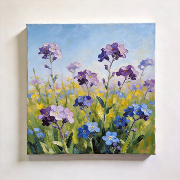 Small Canvas Artwork, Purple and Blue Forget-me-nots Blooming Wild, Buy Small Artwork Online, Hand Painted Canvas Art, Still Life Painting, Original Flower Paintings-ArtWorkCrafts.com