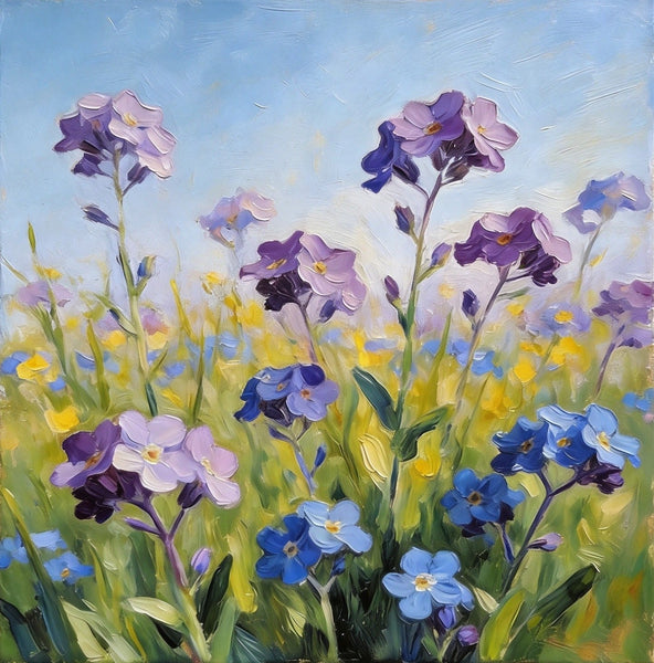 Small Canvas Artwork, Purple and Blue Forget-me-nots Blooming Wild, Buy Small Artwork Online, Hand Painted Canvas Art, Still Life Painting, Original Flower Paintings-ArtWorkCrafts.com